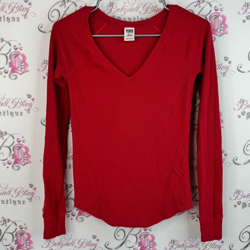 PINK Victoria's Secret thermal waffle knit embroidery Red Long Sleeve V-Neck Top